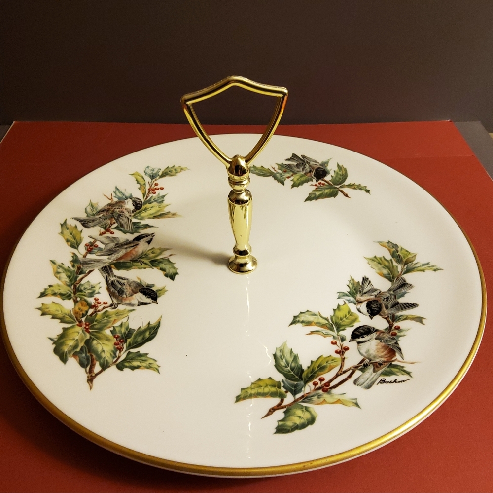Boehm Bone China Cake Plate Chickadees and Holly - England
